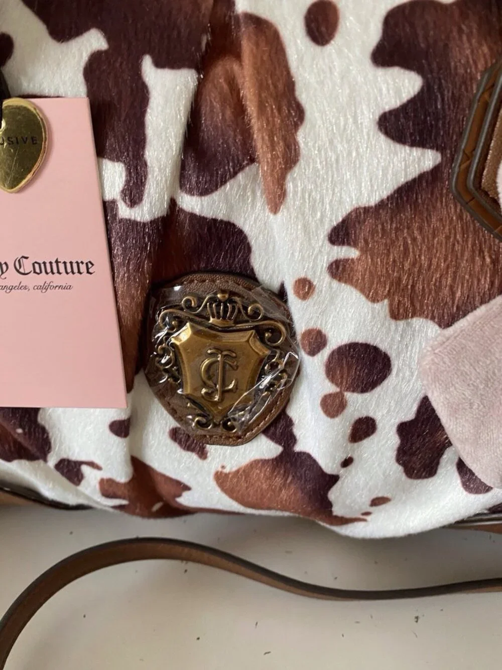 Juicy Couture Romance Cow Print Satchel In‎ Saddle Brown W/Charm Viral NEW